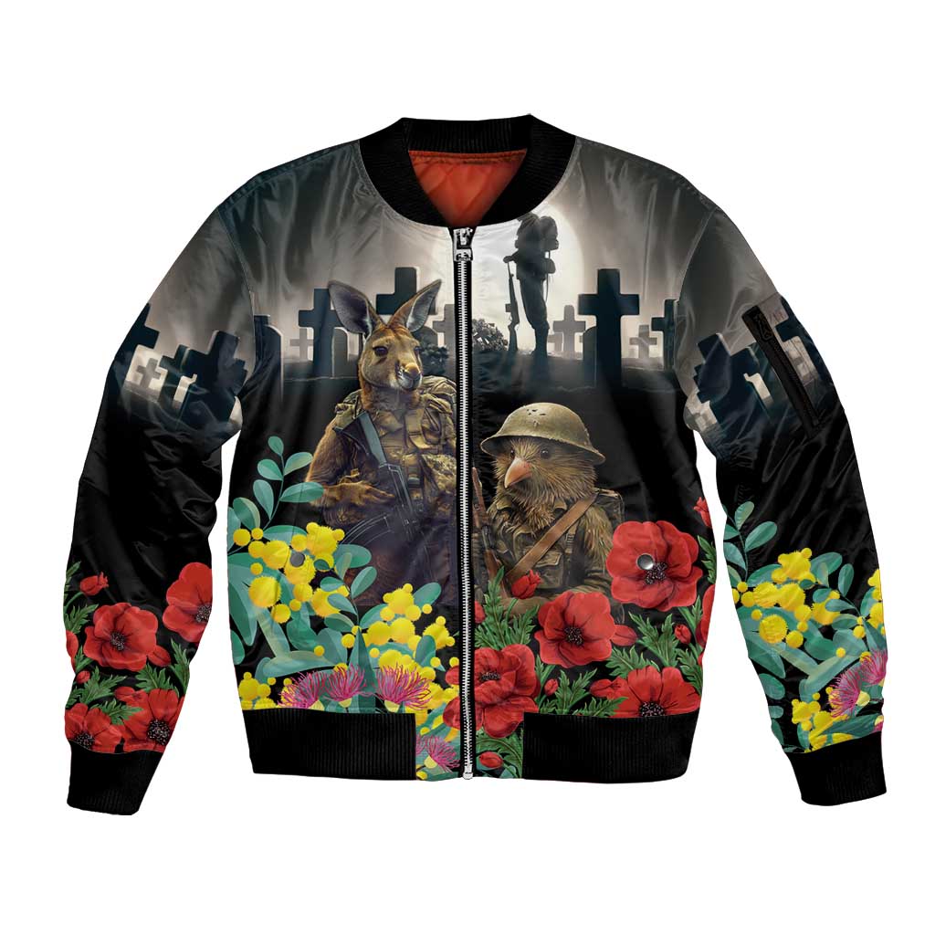 Kangaroo-Kiwi Soldier ANZAC Personalised Sleeve Zip Bomber Jacket Golden Wattle Poppy Flowers LT9 Unisex Black - Polynesian Pride