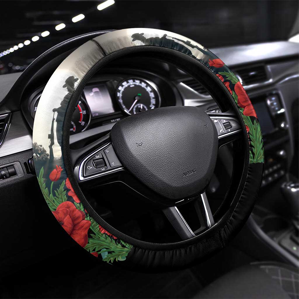 Kangaroo-Kiwi Soldier ANZAC Steering Wheel Cover Golden Wattle Poppy Flowers