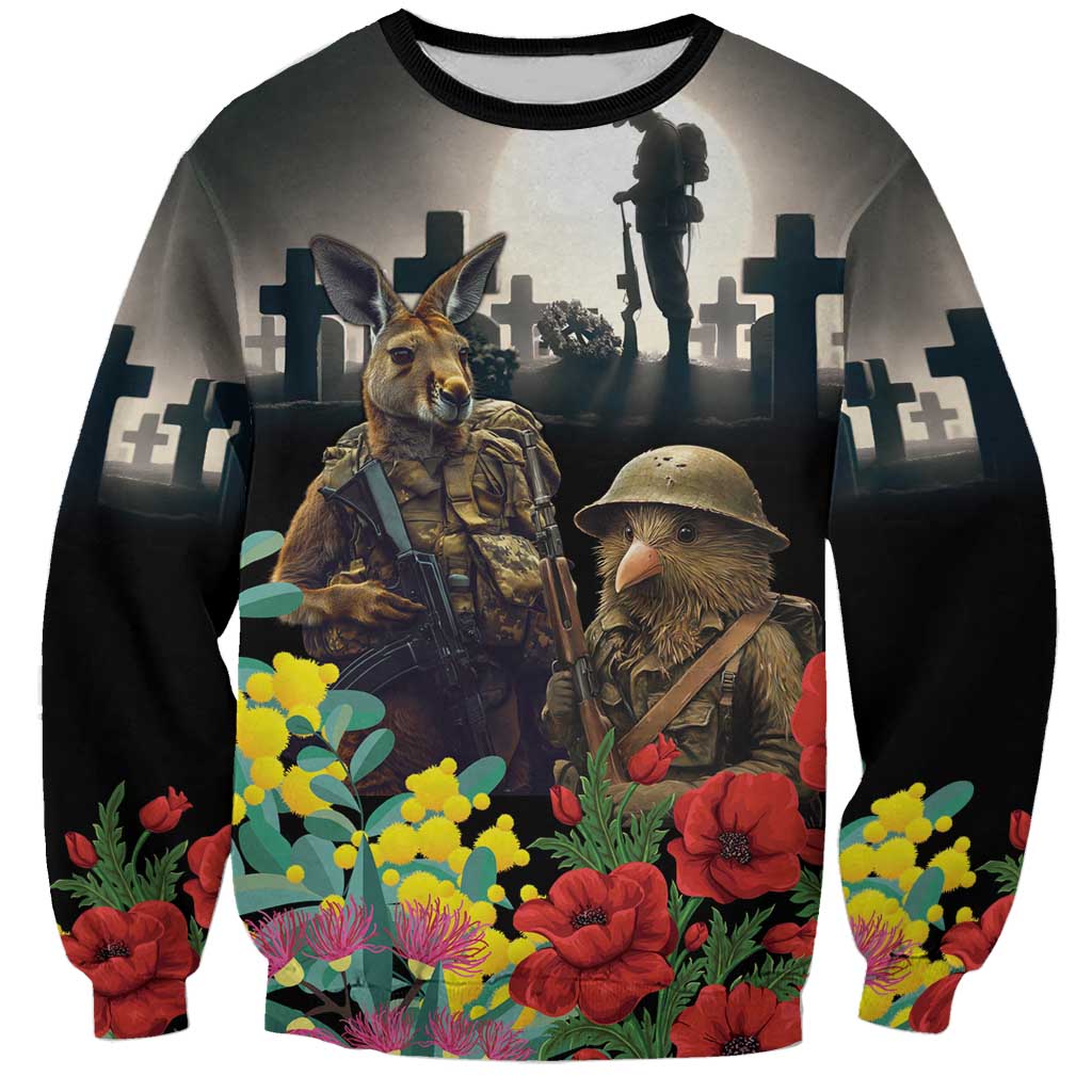 Kangaroo-Kiwi Soldier ANZAC Personalised Sweatshirt Golden Wattle Poppy Flowers LT9 Unisex Black - Polynesian Pride