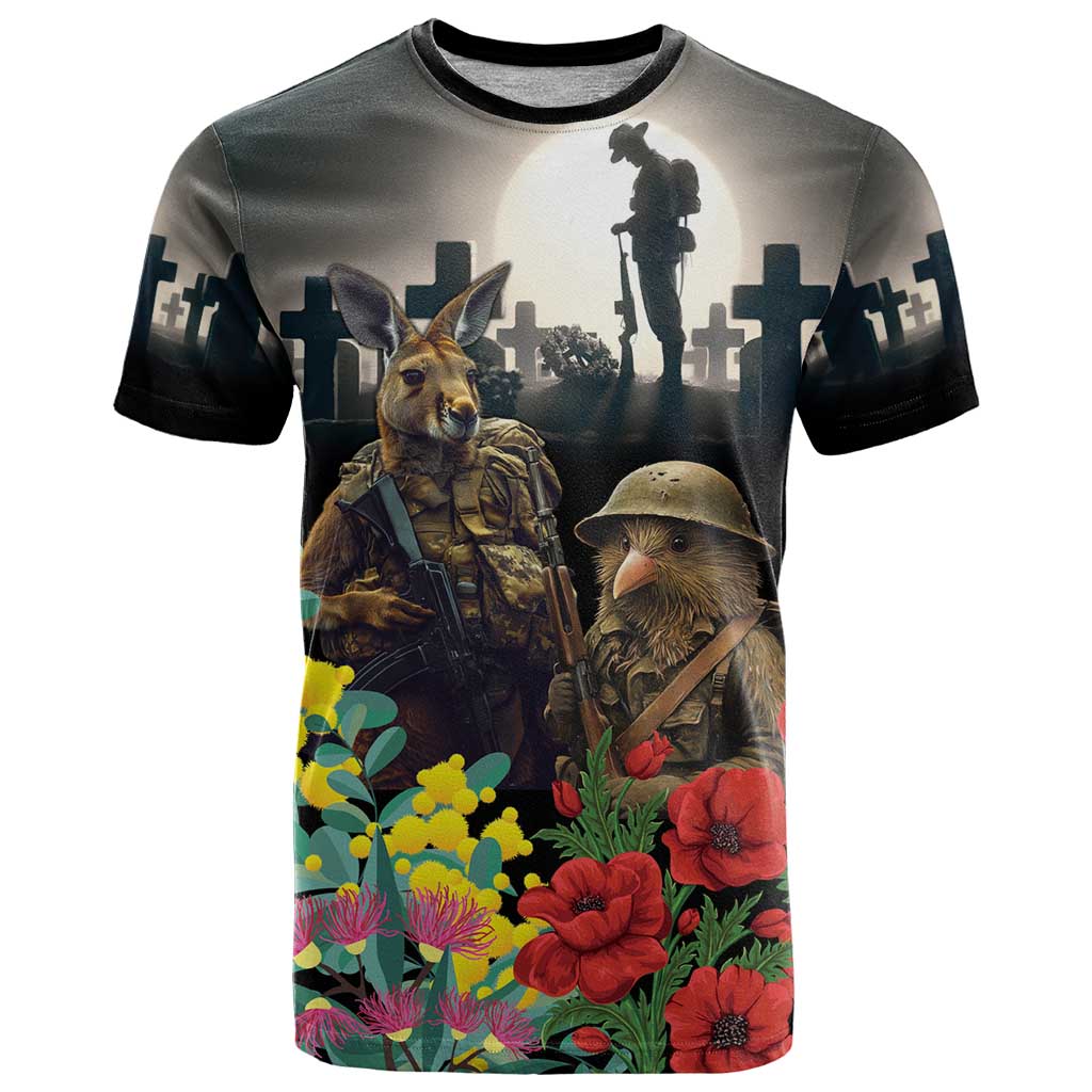 Kangaroo-Kiwi Soldier ANZAC Personalised T Shirt Golden Wattle Poppy Flowers LT9 Black - Polynesian Pride