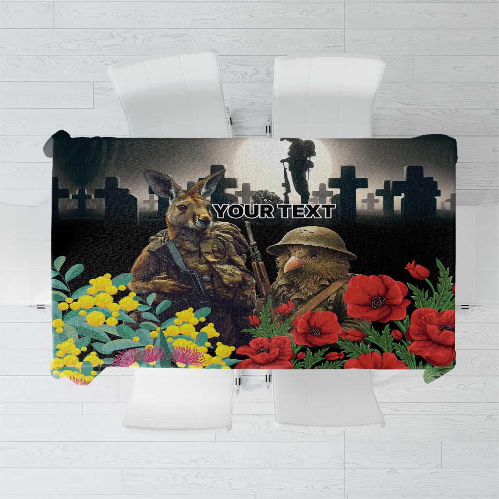 Kangaroo-Kiwi Soldier ANZAC Personalised Tablecloth Golden Wattle Poppy Flowers