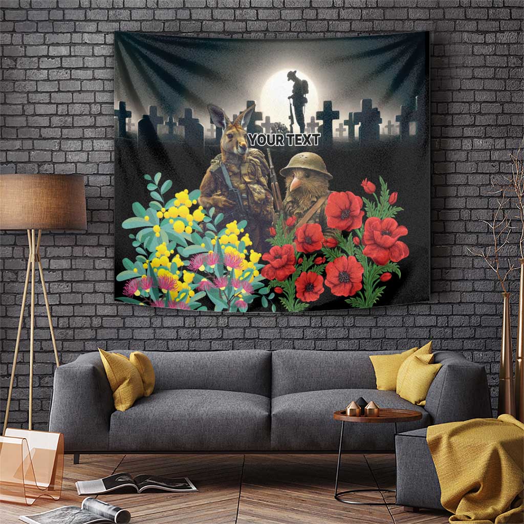Kangaroo-Kiwi Soldier ANZAC Personalised Tapestry Golden Wattle Poppy Flowers LT9 Black - Polynesian Pride