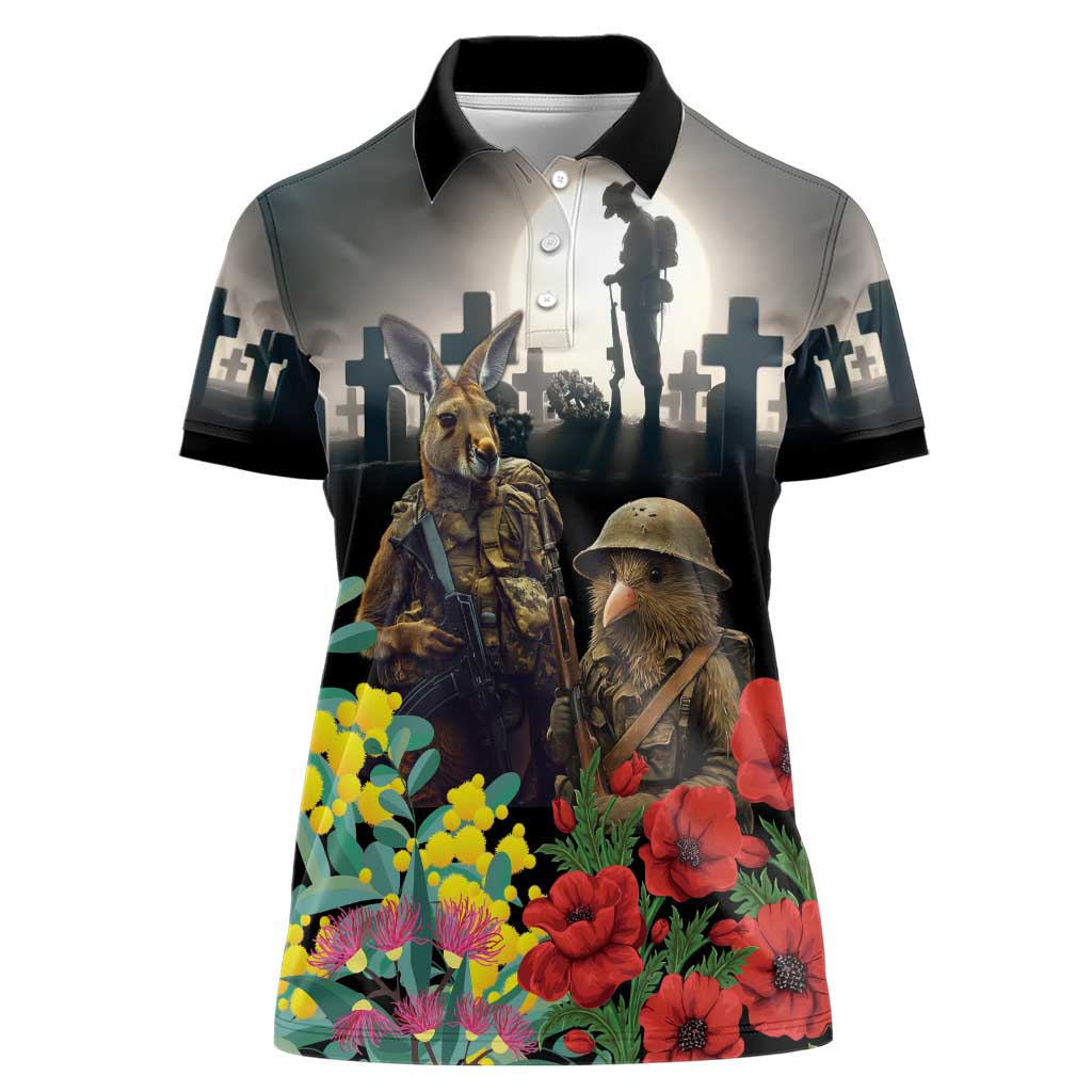 Kangaroo-Kiwi Soldier ANZAC Personalised Women Polo Shirt Golden Wattle Poppy Flowers