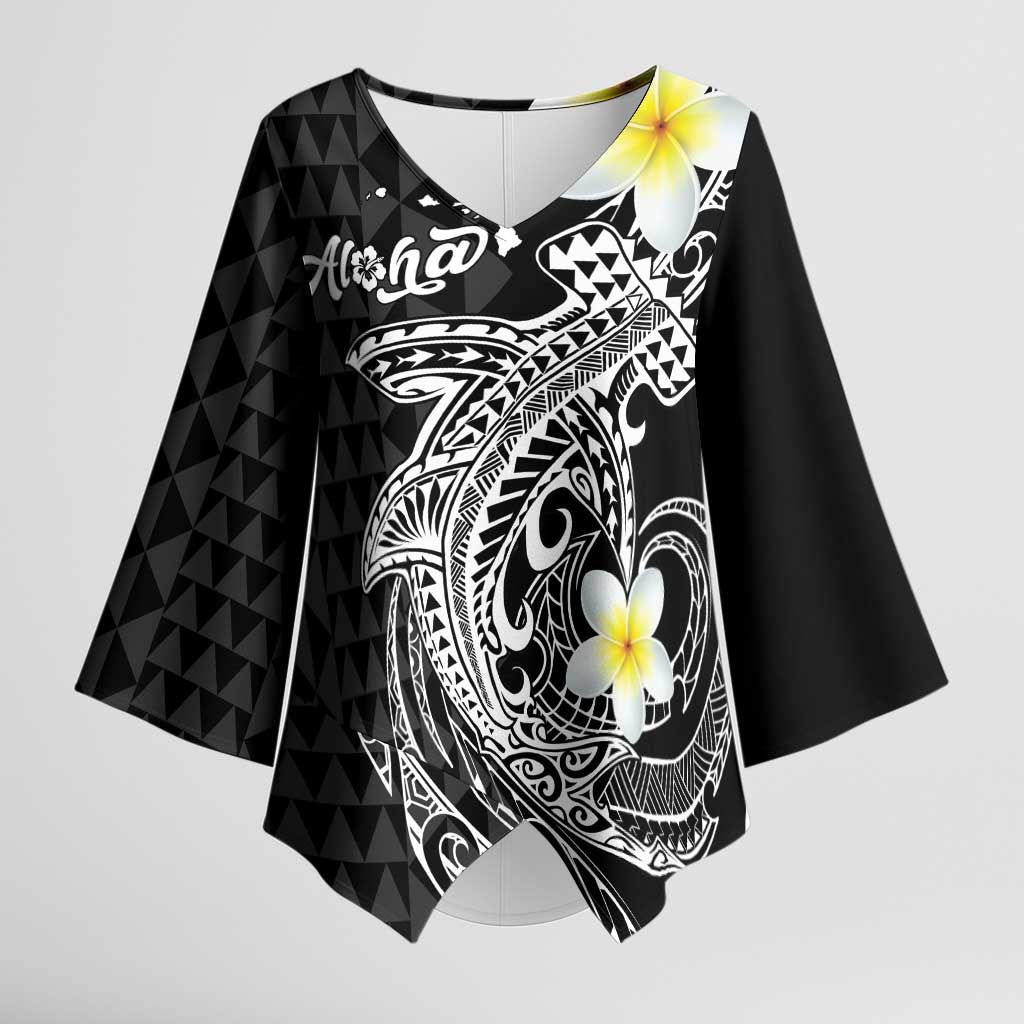 Aloha Hammerhead Shark Kimono Sleeve Blouse Black Hawaiian Kakau Tribal Tattoo LT9 Female Black - Polynesian Pride