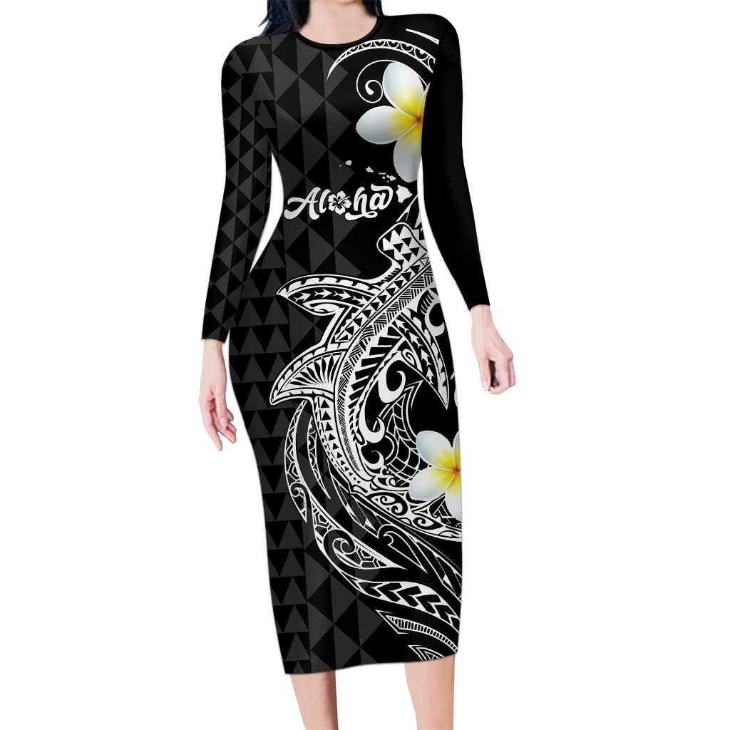 Aloha Hammerhead Shark Long Sleeve Bodycon Dress Black Hawaiian Kakau Tribal Tattoo LT9 Long Dress Black - Polynesian Pride