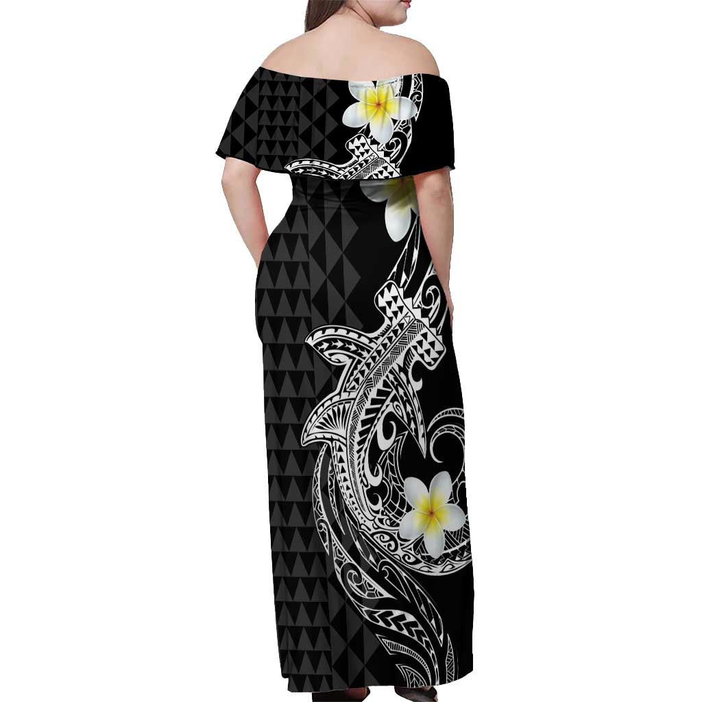 Aloha Hammerhead Shark Off Shoulder Maxi Dress Black Hawaiian Kakau Tribal Tattoo LT9 - Polynesian Pride