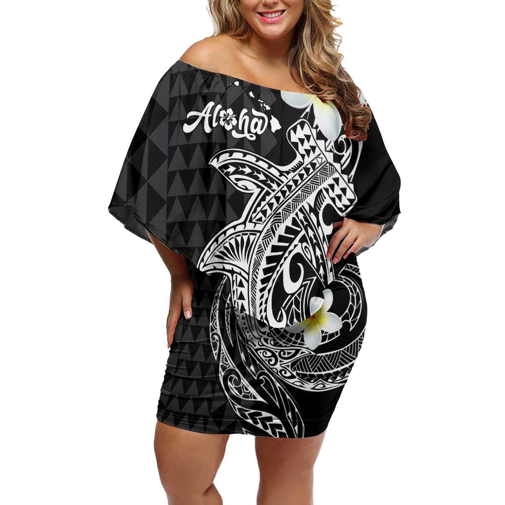 Aloha Hammerhead Shark Off Shoulder Short Dress Black Hawaiian Kakau Tribal Tattoo LT9 Women Black - Polynesian Pride