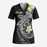 Aloha Hammerhead Shark Scrub Top Black Hawaiian Kakau Tribal Tattoo LT9 Adult Black - Polynesian Pride