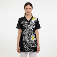 Aloha Hammerhead Shark Scrub Top Black Hawaiian Kakau Tribal Tattoo LT9 - Polynesian Pride