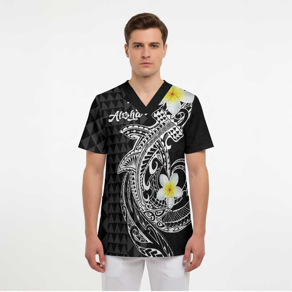 Aloha Hammerhead Shark Scrub Top Black Hawaiian Kakau Tribal Tattoo LT9 - Polynesian Pride