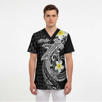 Aloha Hammerhead Shark Scrub Top Black Hawaiian Kakau Tribal Tattoo LT9 - Polynesian Pride