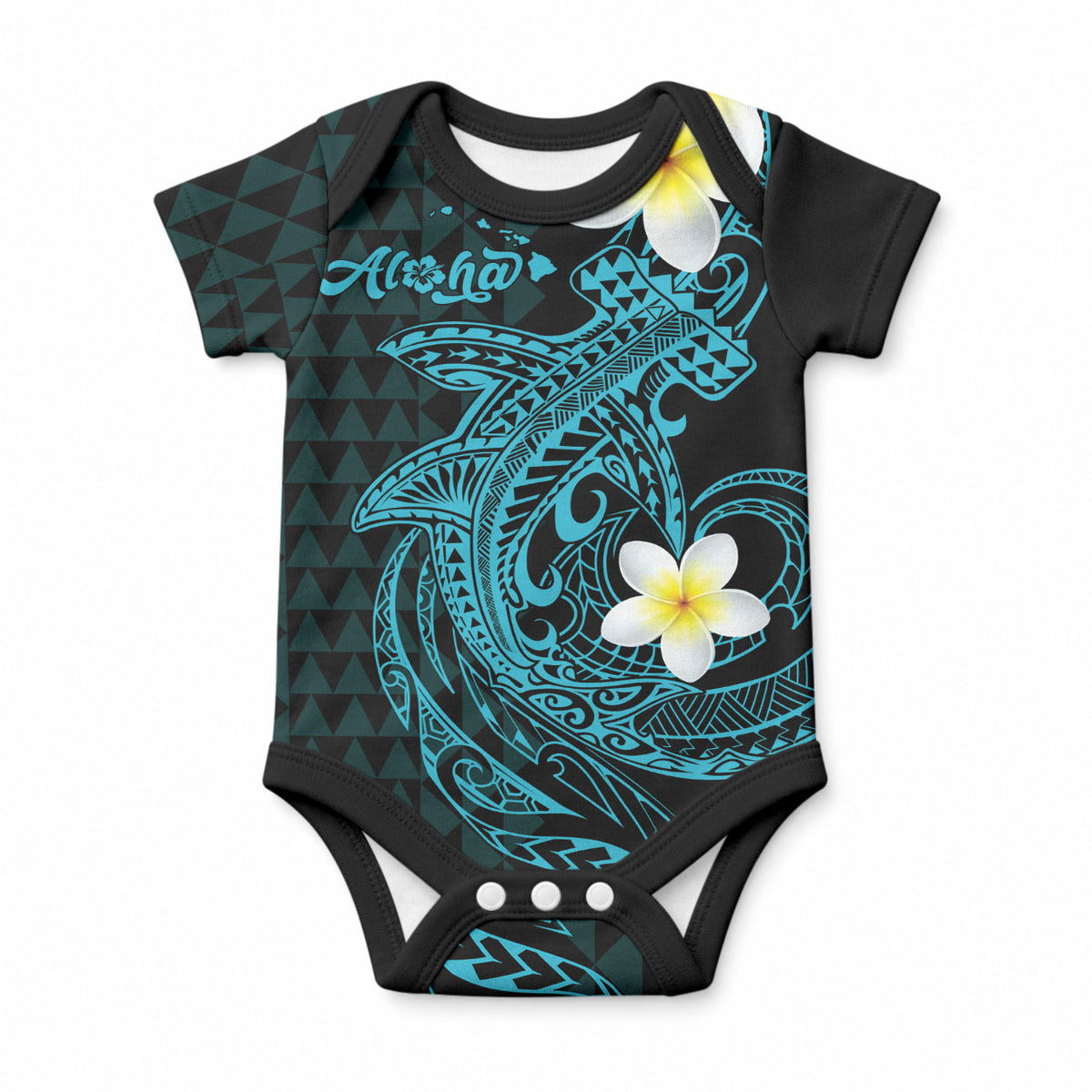 Aloha Hammerhead Shark Baby Onesie Calypso Hawaiian Kakau Tribal Tattoo LT9 Blue - Polynesian Pride