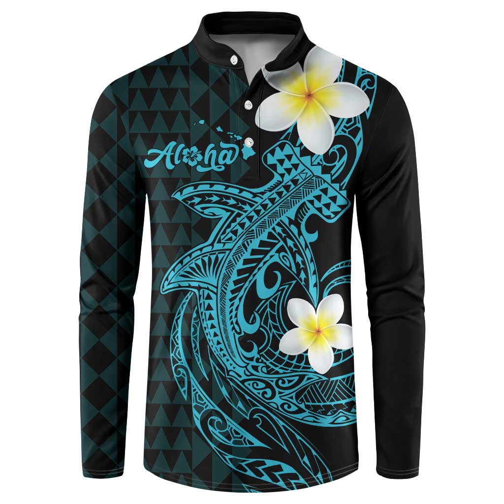 Aloha Hammerhead Shark Button Sweatshirt Calypso Hawaiian Kakau Tribal Tattoo LT9 Blue - Polynesian Pride