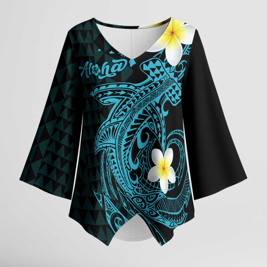 Aloha Hammerhead Shark Kimono Sleeve Blouse Calypso Hawaiian Kakau Tribal Tattoo LT9 Female Blue - Polynesian Pride