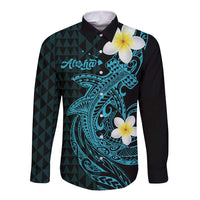 Aloha Hammerhead Shark Long Sleeve Button Shirt Calypso Hawaiian Kakau Tribal Tattoo LT9 Unisex Blue - Polynesian Pride