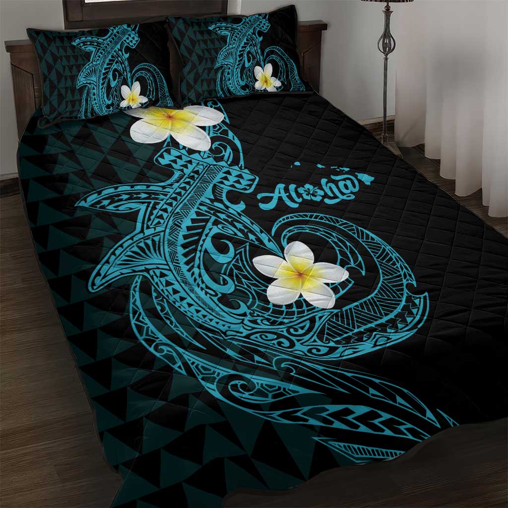 Aloha Hammerhead Shark Quilt Bed Set Calypso Hawaiian Kakau Tribal Tattoo LT9 Blue - Polynesian Pride