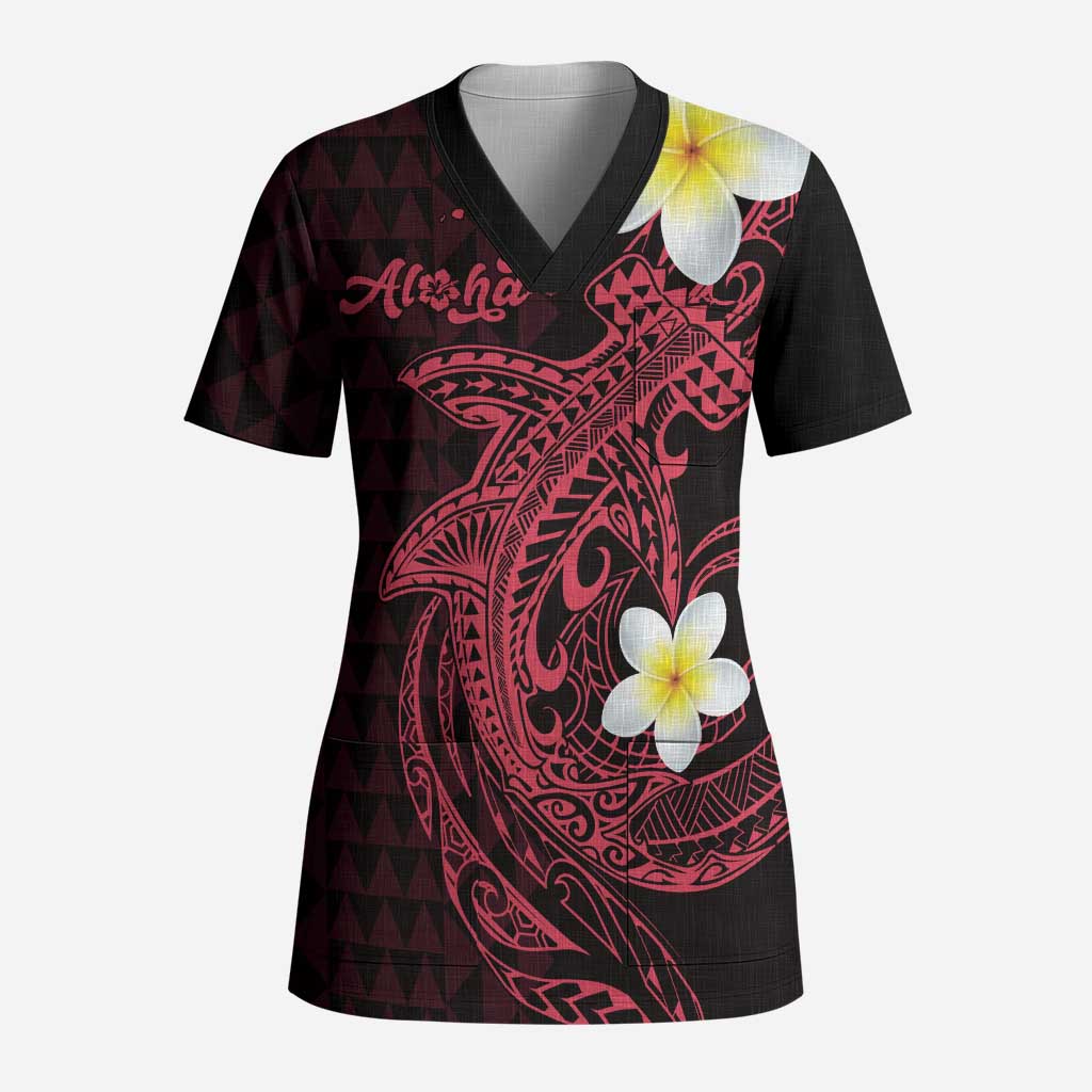 Aloha Hammerhead Shark Scrub Top Feverish Pink Hawaiian Kakau Tribal Tattoo LT9 Adult Pink - Polynesian Pride