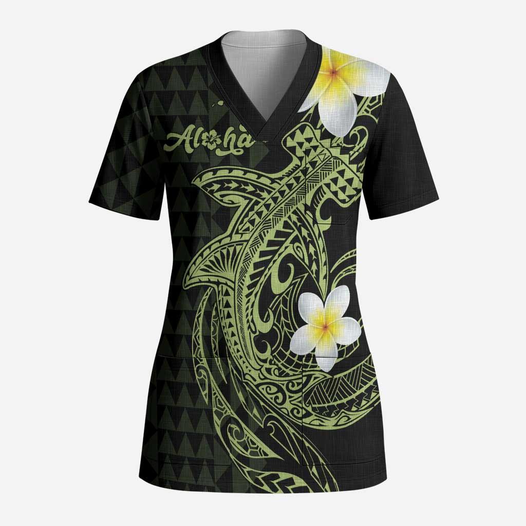 Aloha Hammerhead Shark Scrub Top Lime Rickey Hawaiian Kakau Tribal Tattoo LT9 Adult Lime - Polynesian Pride