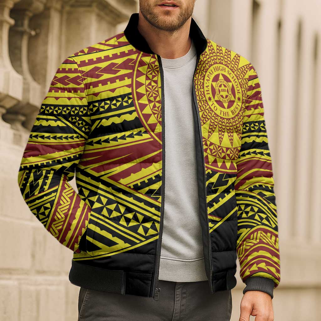 Personalised Tonga Ha apai High School Bomber Puffer Jacket Ngatu Fonulei Pattern LT9 - Polynesian Pride