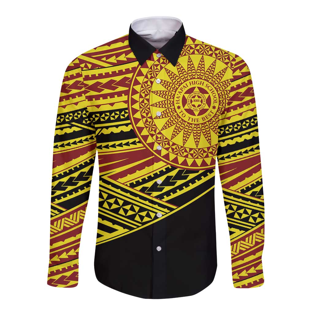 Personalised Tonga Ha apai High School Long Sleeve Button Shirt Ngatu Fonulei Pattern LT9 Unisex Gold - Polynesian Pride
