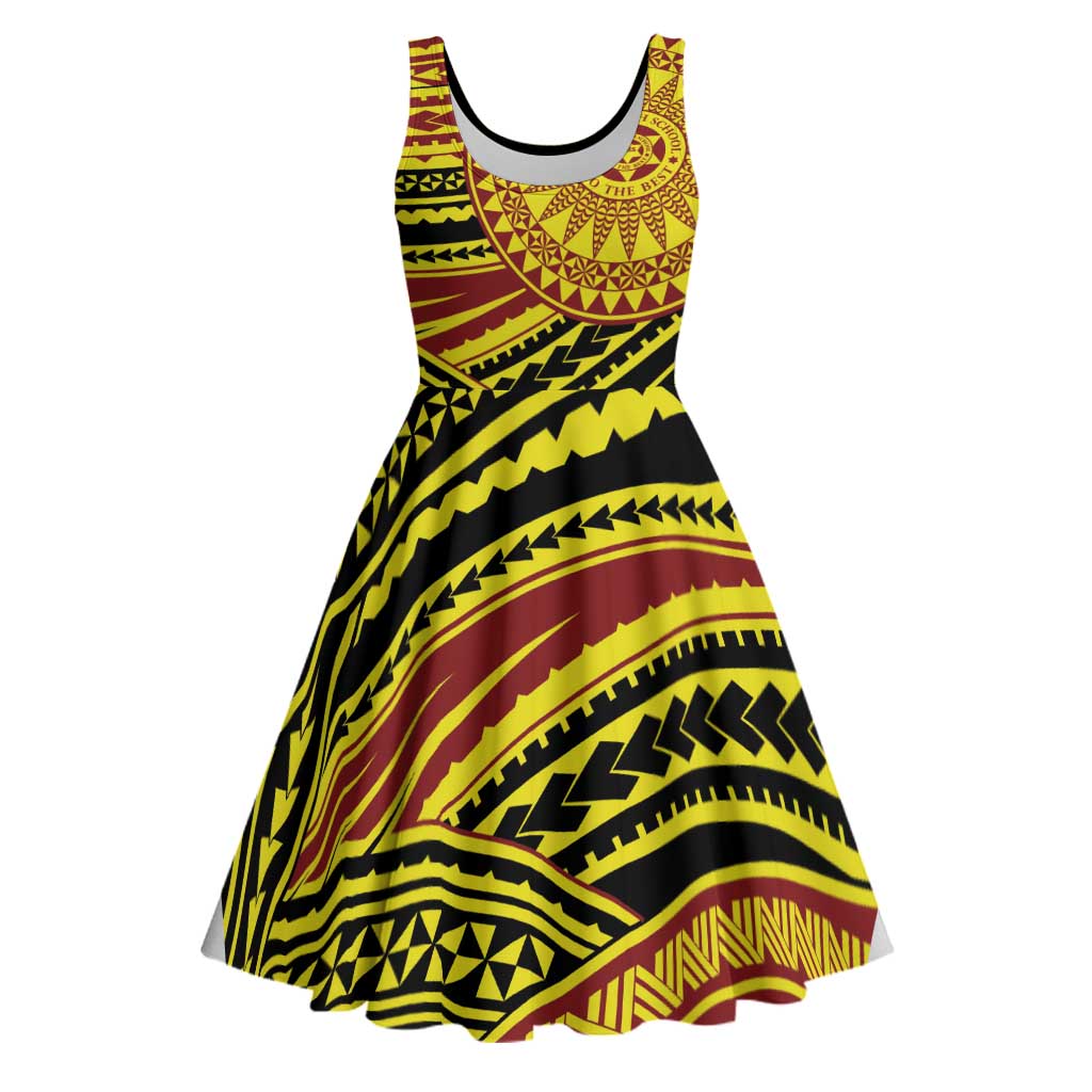 Personalised Tonga Ha apai High School Midi Dress Ngatu Fonulei Pattern LT9 Gold - Polynesian Pride