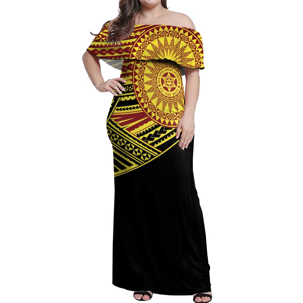 Personalised Tonga Ha apai High School Off Shoulder Maxi Dress Ngatu Fonulei Pattern LT9 Women Gold - Polynesian Pride