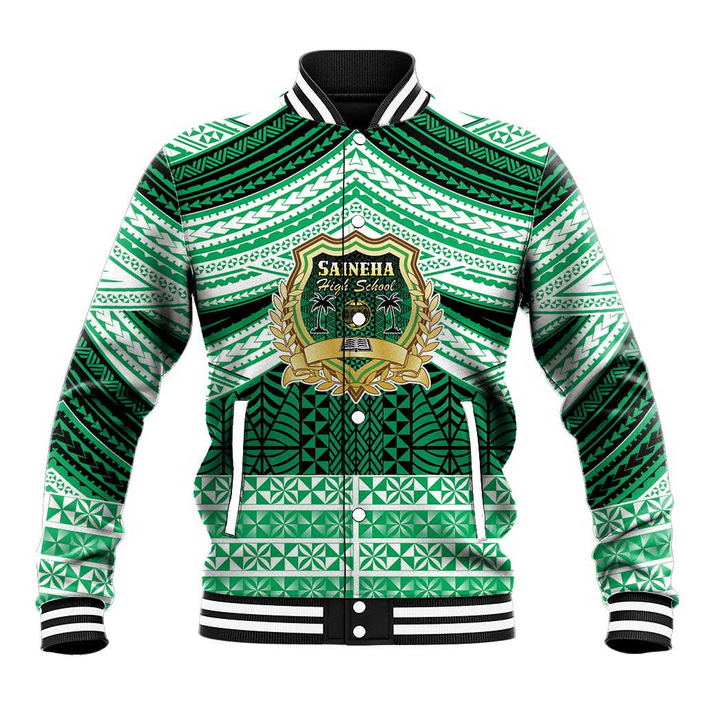 Personalised Tonga Saineha High School Baseball Jacket Polynesian Ngatu Tribal LT9 Unisex Green - Polynesian Pride