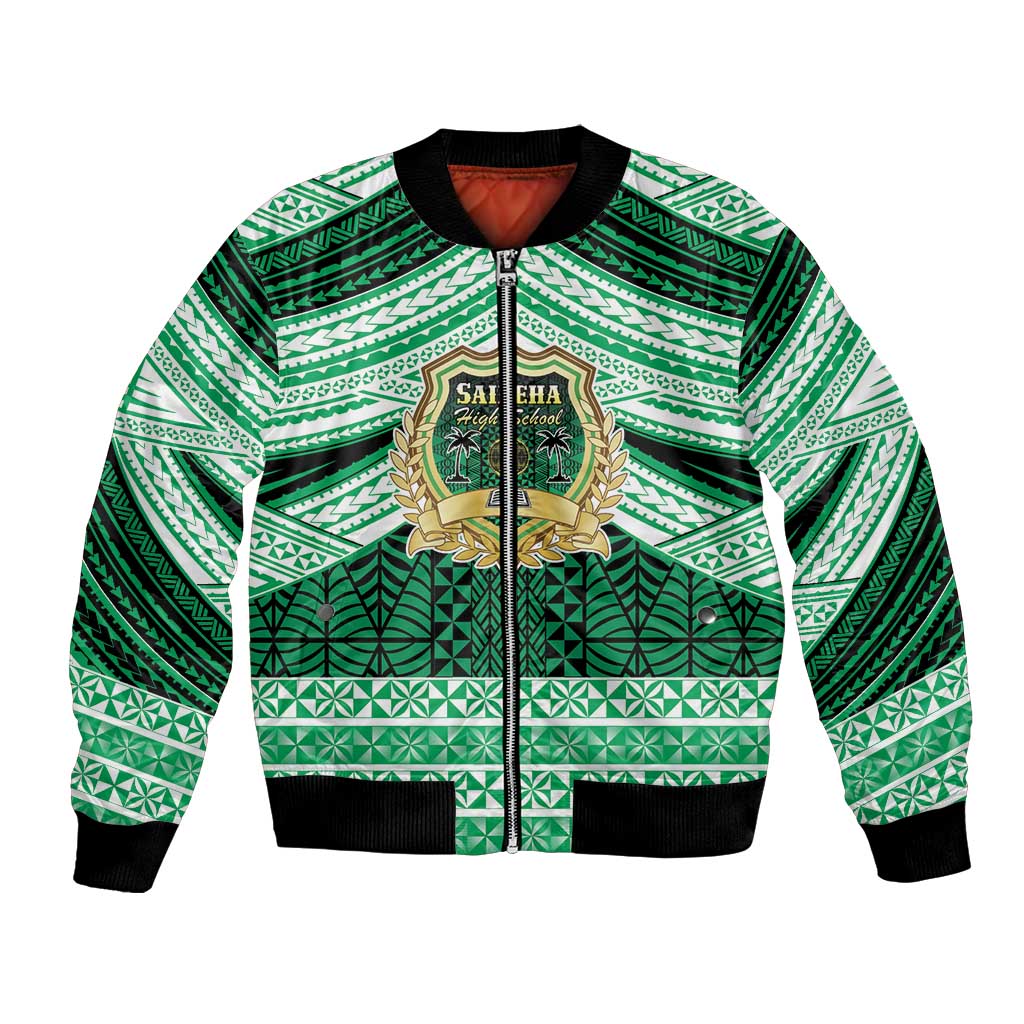 Personalised Tonga Saineha High School Bomber Jacket Polynesian Ngatu Tribal LT9 Unisex Green - Polynesian Pride