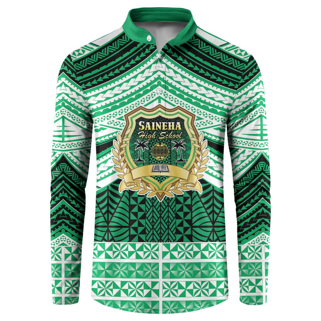 Personalised Tonga Saineha High School Button Sweatshirt Polynesian Ngatu Tribal LT9 Green - Polynesian Pride
