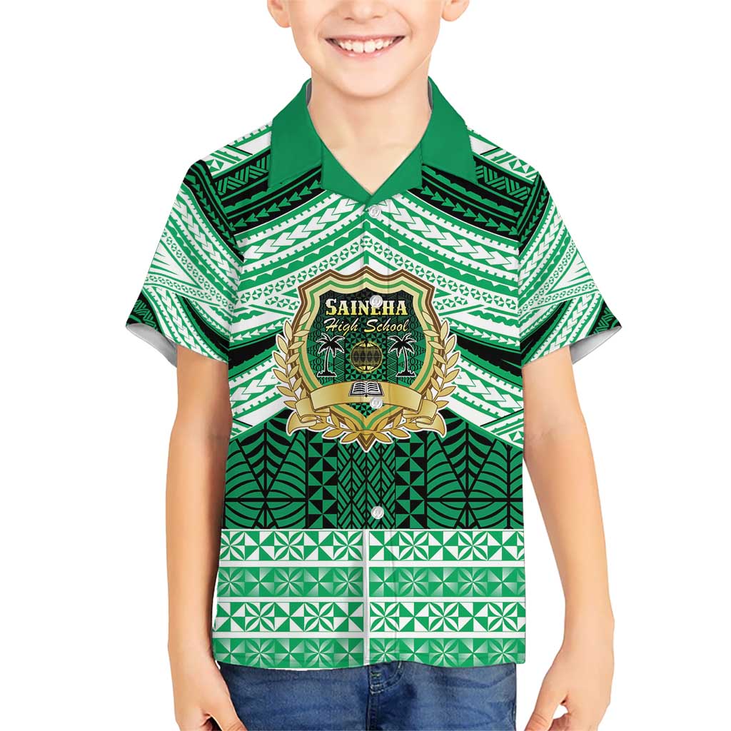 Personalised Tonga Saineha High School Kid Hawaiian Shirt Polynesian Ngatu Tribal LT9 Kid Green - Polynesian Pride
