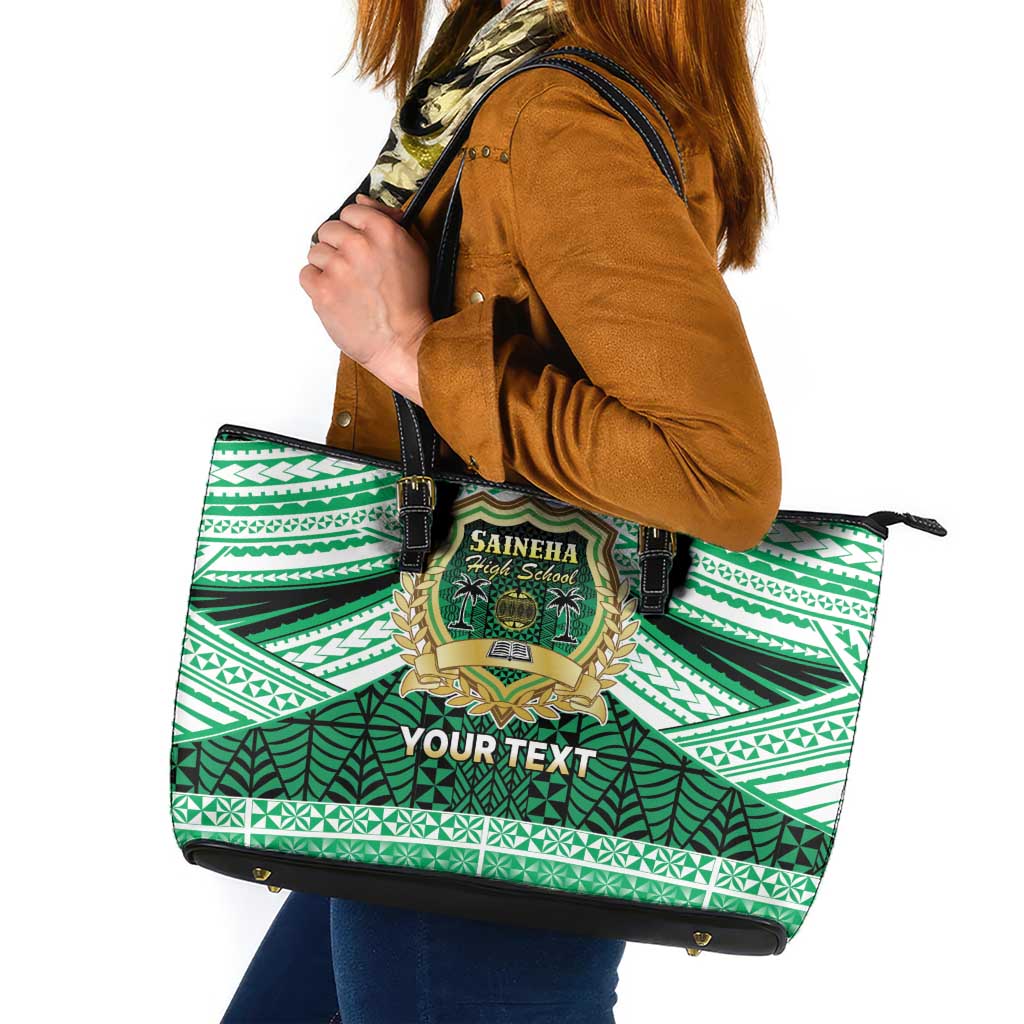 Personalised Tonga Saineha High School Leather Tote Bag Polynesian Ngatu Tribal LT9 Green - Polynesian Pride