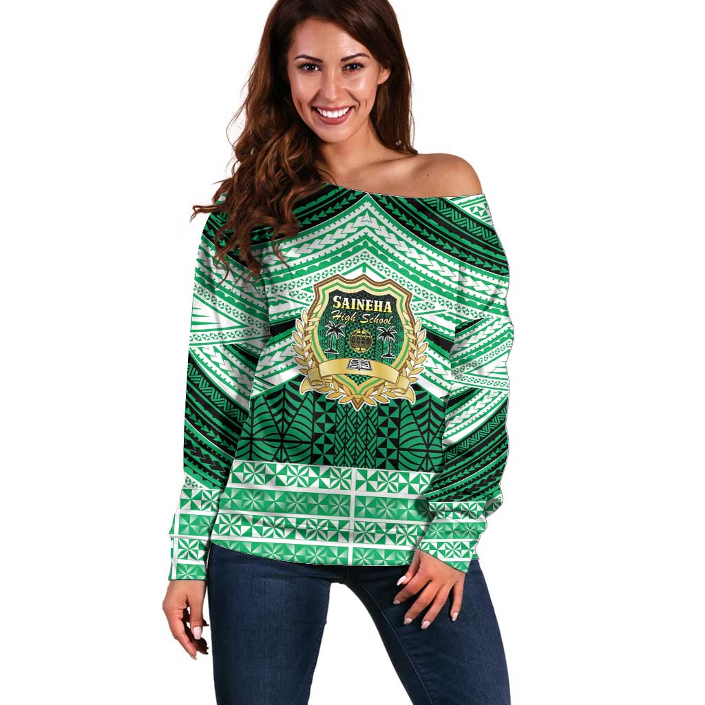 Personalised Tonga Saineha High School Off Shoulder Sweater Polynesian Ngatu Tribal LT9 Women Green - Polynesian Pride