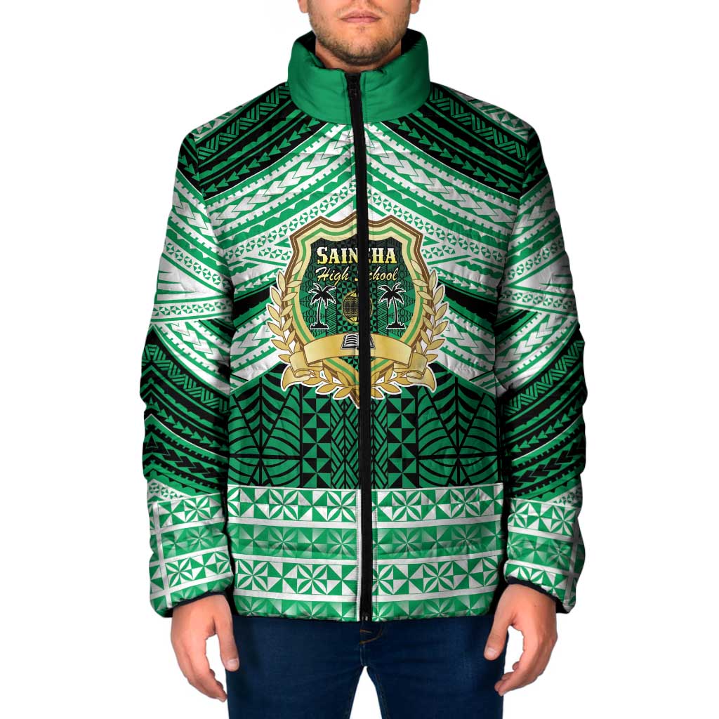 Personalised Tonga Saineha High School Padded Jacket Polynesian Ngatu Tribal LT9 Men Green - Polynesian Pride
