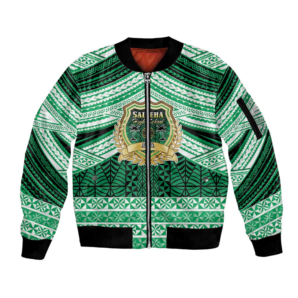Personalised Tonga Saineha High School Sleeve Zip Bomber Jacket Polynesian Ngatu Tribal LT9 Unisex Green - Polynesian Pride