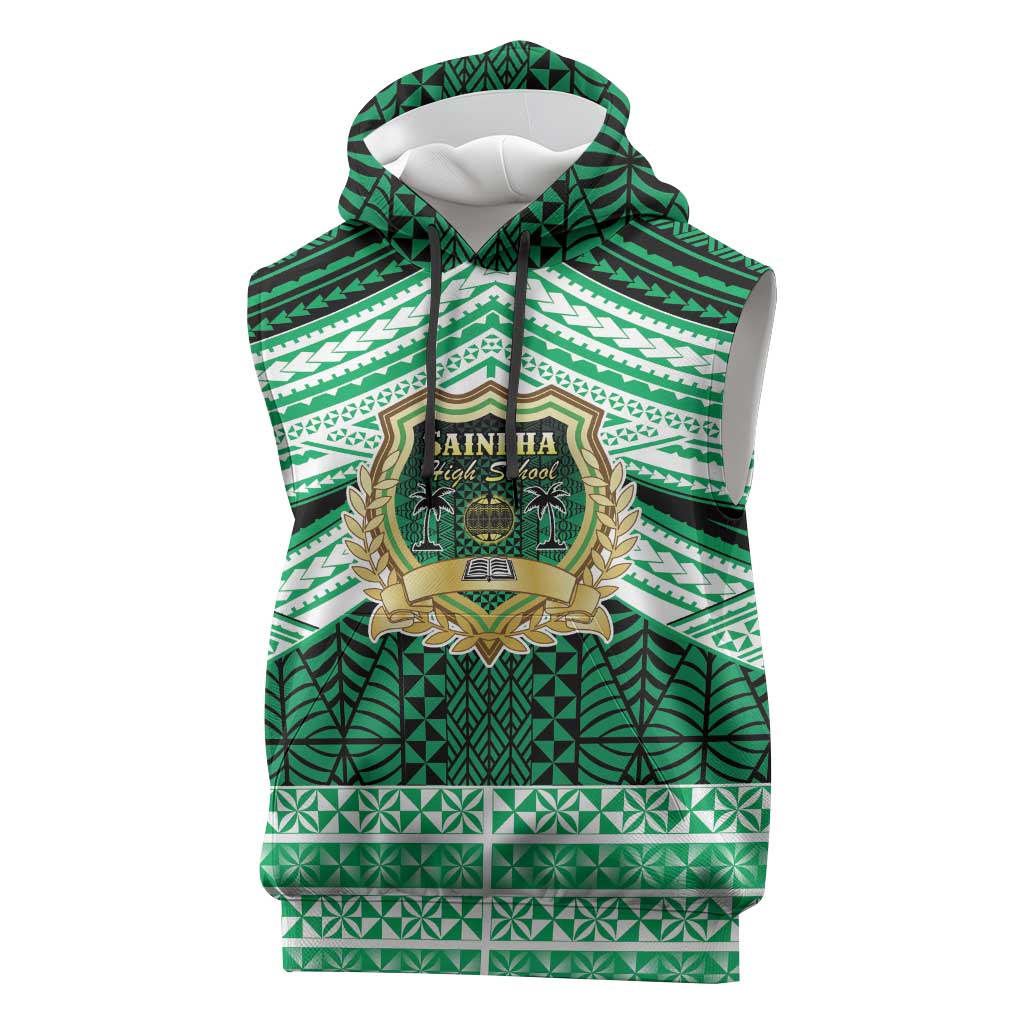 Personalised Tonga Saineha High School Sleeveless Hoodie Polynesian Ngatu Tribal LT9 Green - Polynesian Pride