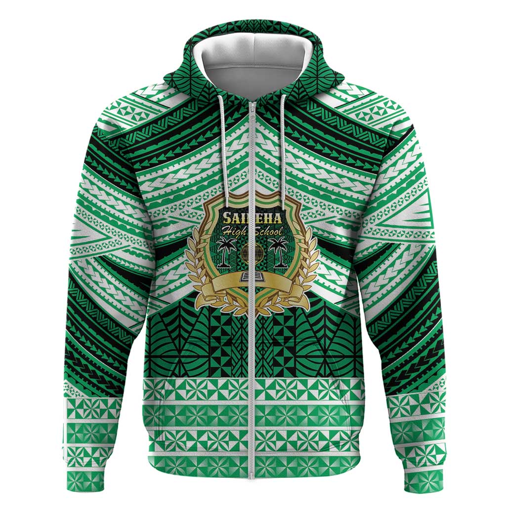 Personalised Tonga Saineha High School Zip Hoodie Polynesian Ngatu Tribal LT9 Zip Hoodie Green - Polynesian Pride