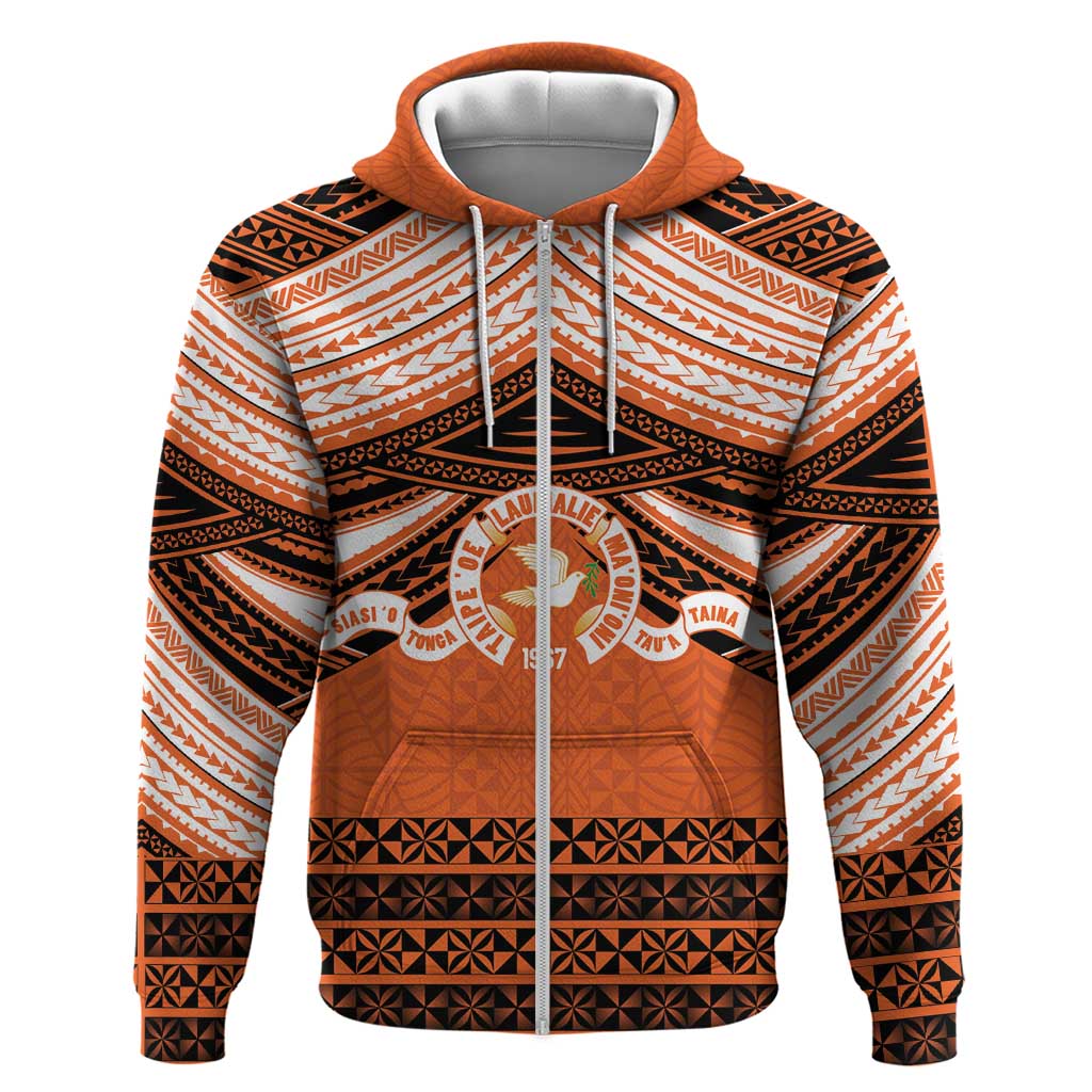Personalised Tonga Tailulu College Hoodie Polynesian Ngatu Tribal LT9 Zip Hoodie Orange - Polynesian Pride