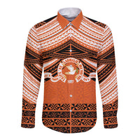 Personalised Tonga Tailulu College Long Sleeve Button Shirt Polynesian Ngatu Tribal LT9 Unisex Orange - Polynesian Pride