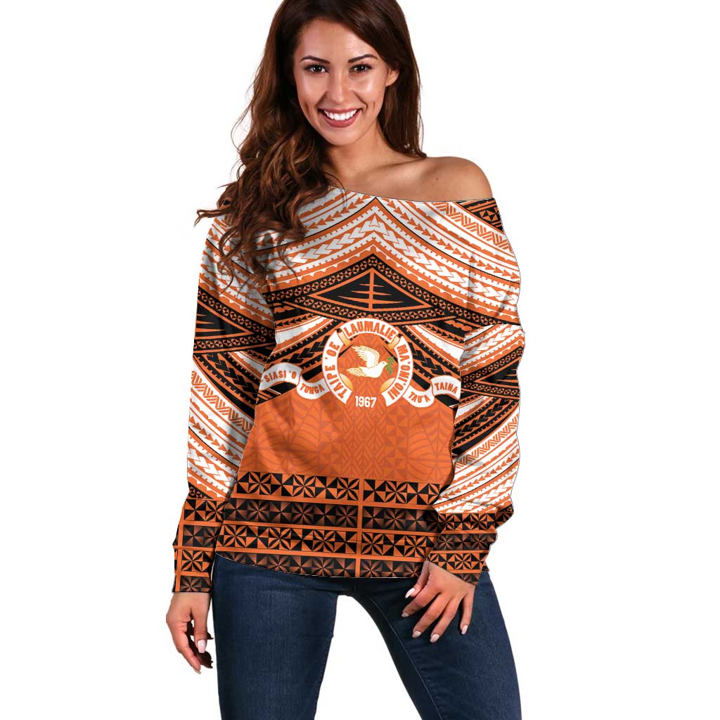 Personalised Tonga Tailulu College Off Shoulder Sweater Polynesian Ngatu Tribal LT9 Women Orange - Polynesian Pride