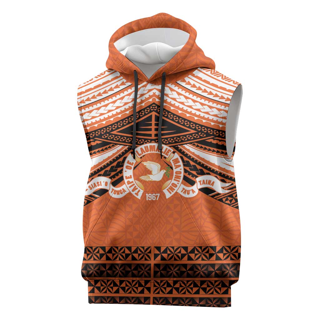 Personalised Tonga Tailulu College Sleeveless Hoodie Polynesian Ngatu Tribal LT9 Orange - Polynesian Pride