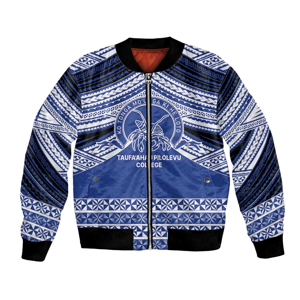 Personalised Tonga Taufa'ahau Pilolevu College Bomber Jacket Polynesian Ngatu Tribal LT9 Unisex Blue - Polynesian Pride