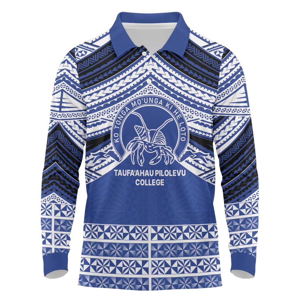 Personalised Tonga Taufa'ahau Pilolevu College Long Sleeve Polo Shirt Polynesian Ngatu Tribal LT9 Blue - Polynesian Pride