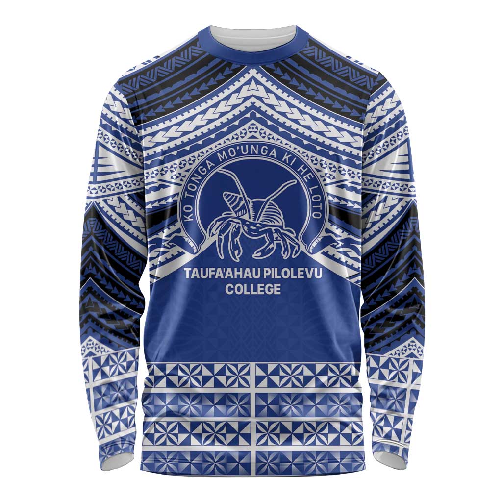 Personalised Tonga Taufa'ahau Pilolevu College Long Sleeve Shirt Polynesian Ngatu Tribal LT9 Unisex Blue - Polynesian Pride