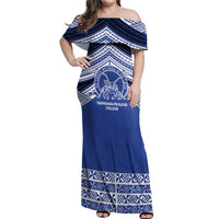 Personalised Tonga Taufa'ahau Pilolevu College Off Shoulder Maxi Dress Polynesian Ngatu Tribal LT9 Women Blue - Polynesian Pride