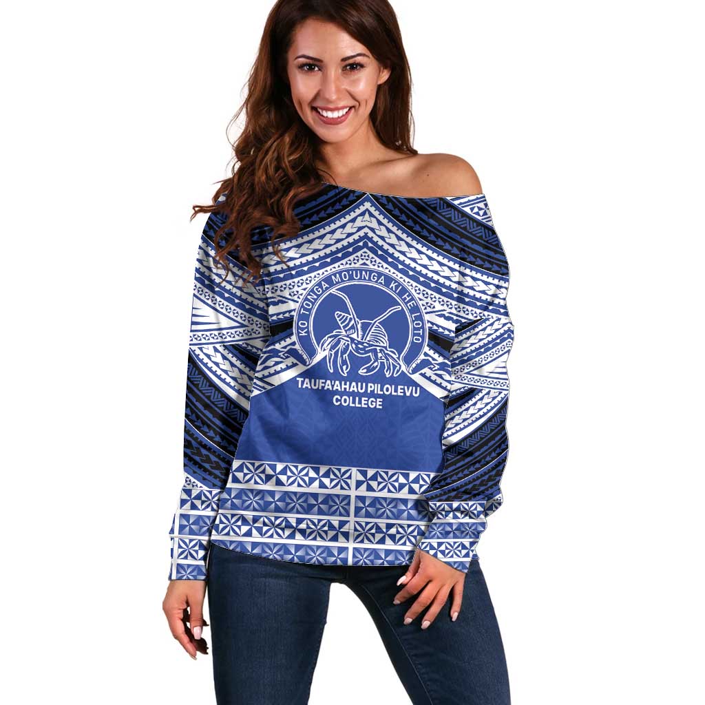 Personalised Tonga Taufa'ahau Pilolevu College Off Shoulder Sweater Polynesian Ngatu Tribal LT9 Women Blue - Polynesian Pride