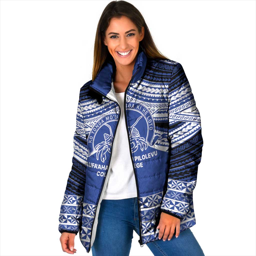 Personalised Tonga Taufa'ahau Pilolevu College Padded Jacket Polynesian Ngatu Tribal LT9 Women Blue - Polynesian Pride