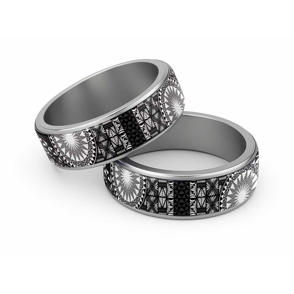 Black Tongan Ngatu Fonulei Pattern Classic Ring LT9 Sliver Black - Polynesian Pride