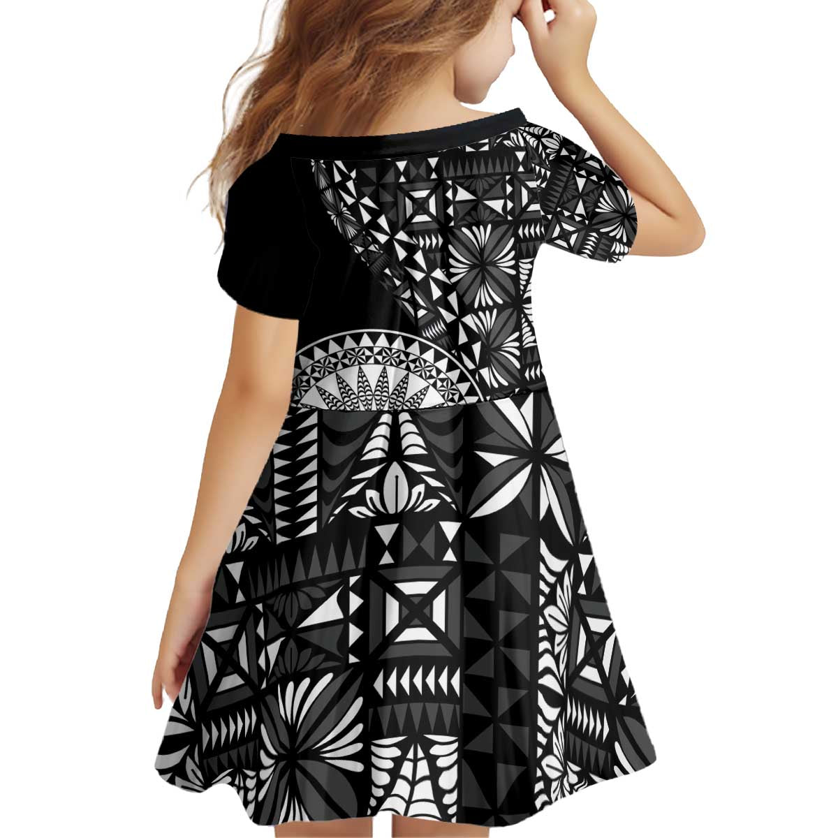 Black Tongan Ngatu Fonulei Pattern Kid Short Sleeve Dress LT9 - Polynesian Pride