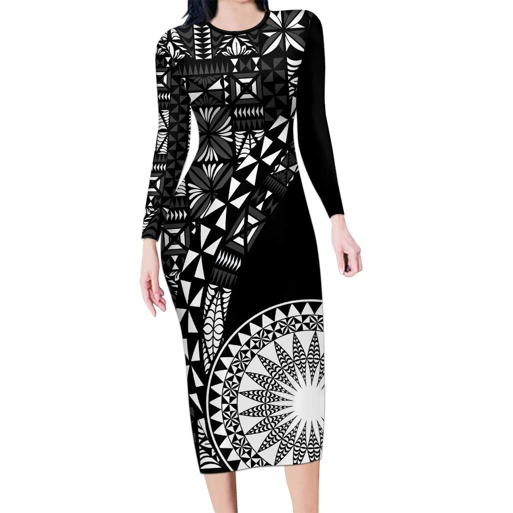 Black Tongan Ngatu Fonulei Pattern Long Sleeve Bodycon Dress LT9 Long Dress Black - Polynesian Pride