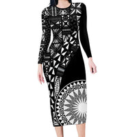 Black Tongan Ngatu Fonulei Pattern Long Sleeve Bodycon Dress LT9 Long Dress Black - Polynesian Pride